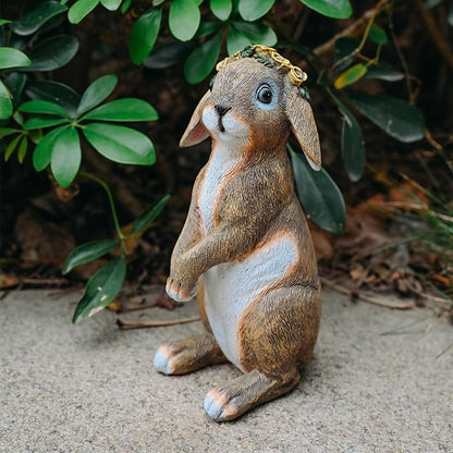 Bunny Outdoor Statues, Resin Rabbit Yard Statue Home Garden Decoration Adorable Bunny Statues Wearing Flower Crown, Outdoor Bunny Statue Lucky Rabbit Mom Gifts