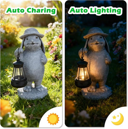 Solar Rabbit Garden Statue with Hanging Lantern - Funny Outdoor Bunny Figurine Easter Decor- Waterproof Resin Sculpture for Yard, Patio, Pathway - Easter Decorations & Birthday Gifts for Mom, Grandma