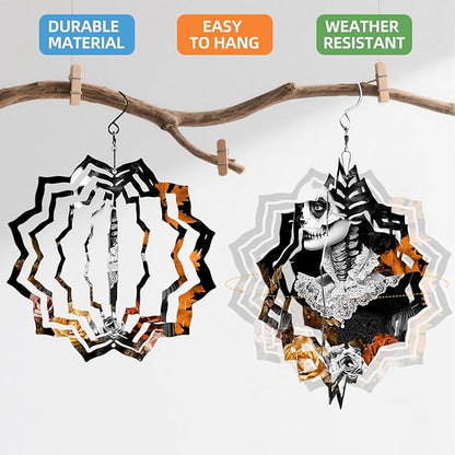 8 Inch Sublimation Wind Spinner, 3D Aluminum Metal Wind Spinner with Hook, Indoor Yard Garden Hanging Decoration, Weather Resistant Rotating Spiral Ornament, Lady with Sugar Skull Makeup