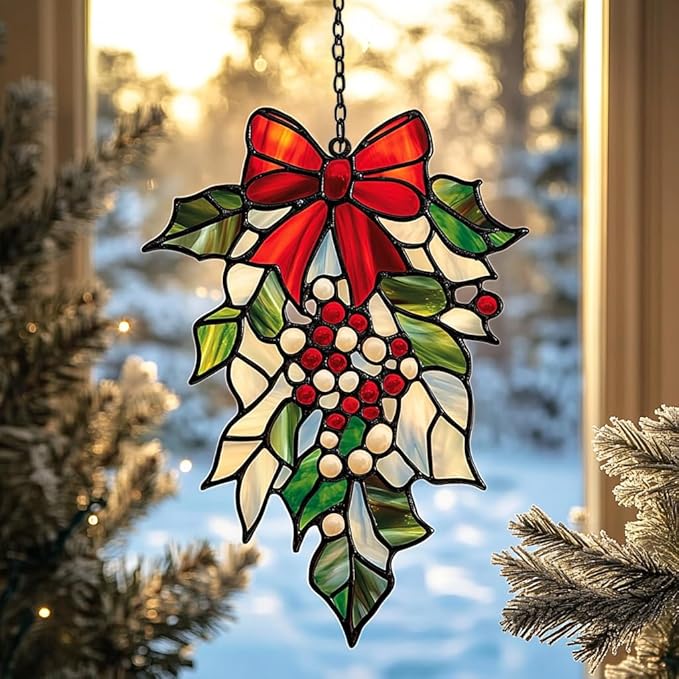 Mistletoe Acrylic Suncatcher Stained Glass Effect Window Car Hanging Christmas Ornament Indoor Outdoor Decor Garden Sun Catcher Panel for Christmas Lover for Women Mom Grandma