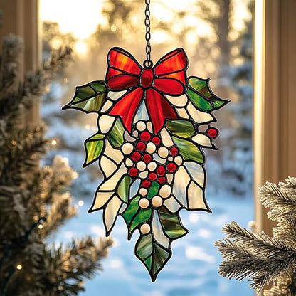 Mistletoe Acrylic Suncatcher Stained Glass Effect Window Car Hanging Christmas Ornament Indoor Outdoor Decor Garden Sun Catcher Panel for Christmas Lover for Women Mom Grandma