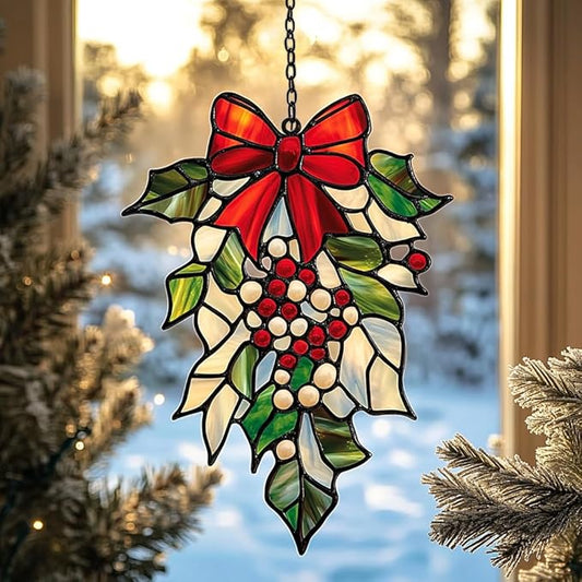 Mistletoe Acrylic Suncatcher Stained Glass Effect Window Car Hanging Christmas Ornament Indoor Outdoor Decor Garden Sun Catcher Panel for Christmas Lover for Women Mom Grandma