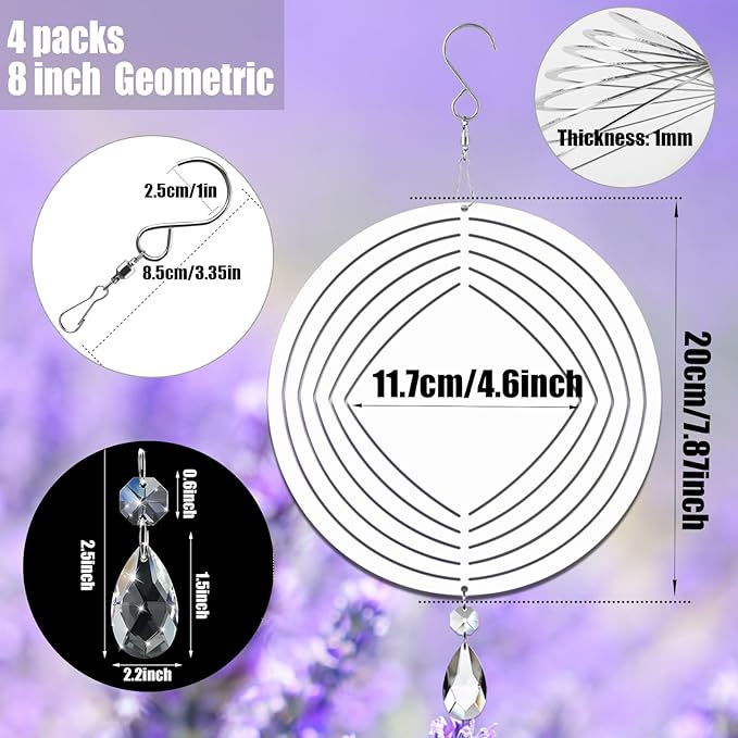 4Pack 8inch Sublimation Wind Spinner Blanks 3D Aluminum Metal Wind Sculpture Kinetic Spinners for Yard and Garden Indoor Art Ornaments Hanging Decoration (Geometric)