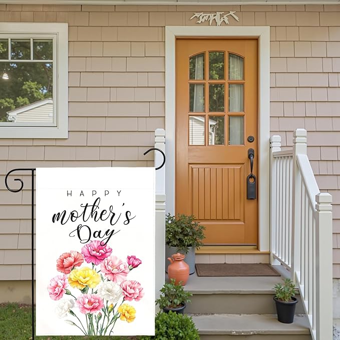 Happy Mother’s Day Garden Flag Floral Carnation Yard Flag for Mom Elegant Spring Flower Outdoor Decor Mothers Day Gift Garden Lawn Porch Patio Double Sided Welcome Flags 12x18 Inch