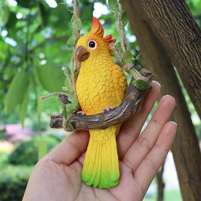 Resin Parrot Hanging Tropical Decor Outdoor Porch Tree Tiki Bar Decorations Outdoor Hanging Bird Sculpture for Christmas Tree Plant Patio Lawn Yard Porch Balconies Decor (Yellow)