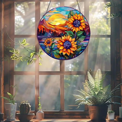 Sunflowers Suncatcher Sunflowers Stained Glass Suncatchers Stained Glass Ornament for Home Decor Indoor Wall Art Gift for Mother Women Friends (Sunflowers and Sun, M)