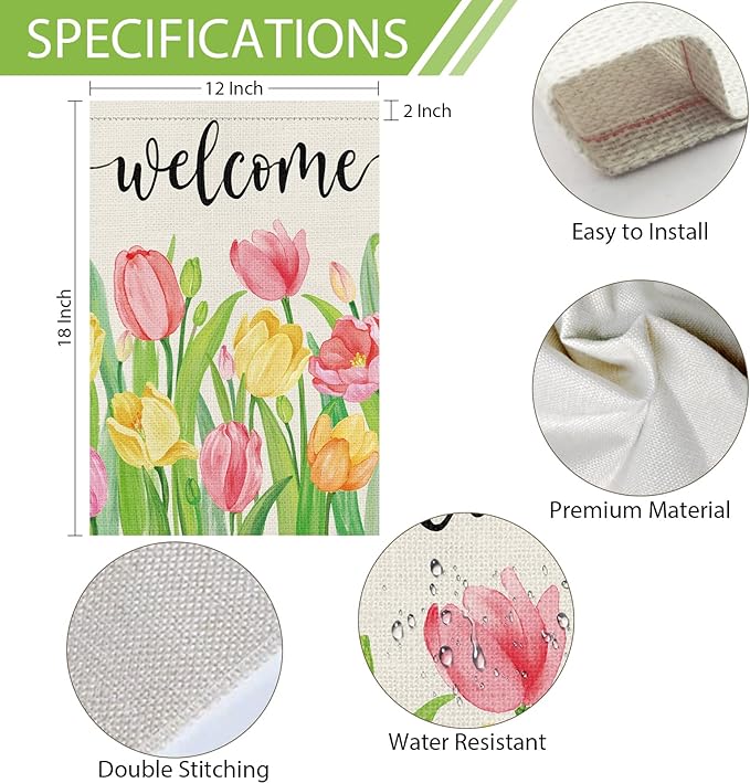 Heyfibro Welcome Spring Summer Garden Flag 12 x 18 Inch Vertical Double Sided Burlap, Tulip Flower Floral Garden Flags for Seasonal Holiday Farmhouse Yard Outdoor Decor(ONLY FLAG)