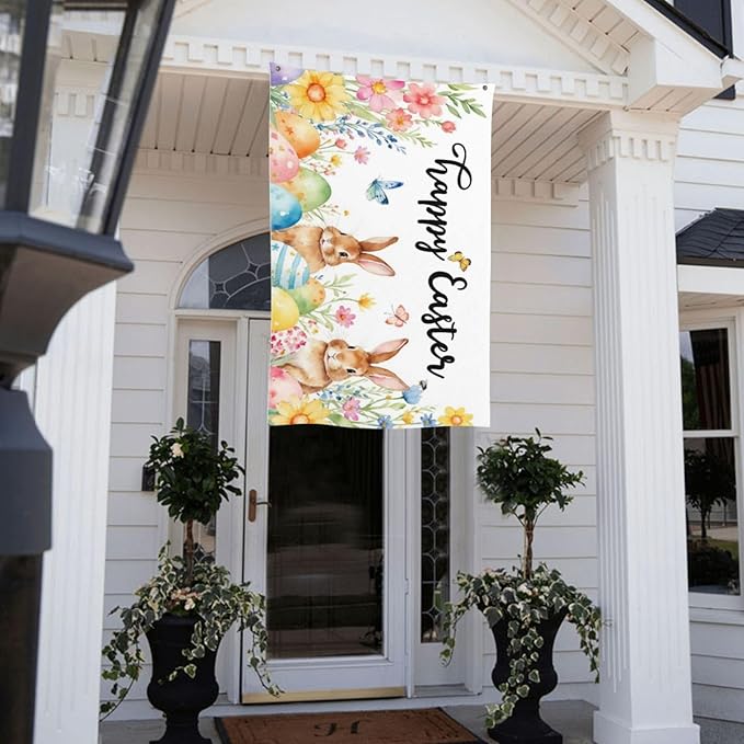 Happy Easter Flag with Bunnies and Eggs, 3x5 FT, Polyester with Metal Grommets, Spring Floral Butterfly Design, Double Sided, Indoor Outdoor Decoration