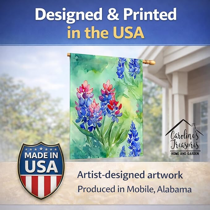 Caroline's Treasures Texas Bluebonnets in Watercolor House Flag Large Porch Sleeve Pole Decorative Outside Yard Banner Artwork Wall Hanging, Polyester, House Size, Multicolor