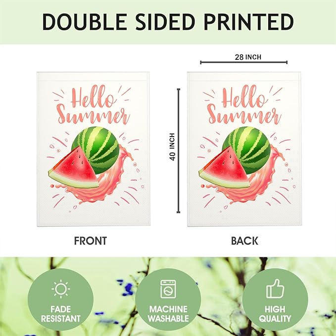 Mugod Watercolor Watermelon Decorative House Flag 28x40 Inch Double Sided, Summer Fruit Red & Green Large Burlap Flag for Outdoor Garden Yard Decoration