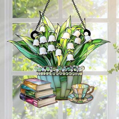 Jesuspirit - Window Hanging Suncatcher – Crystal Clear Acrylic & Wood Sun Catcher for Home Decor, for Women (Just A Girl Who Loves Lilies and Books, 8 Inches)
