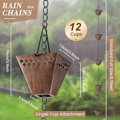 Square Rain Chain Gutter Downspout Copper Rain Chains for Gutters with 12 Cups, Adjustable Rain Catcher Chain with Bell for Outside Water Diverter Garden Decorative Garden, 8.5 Ft