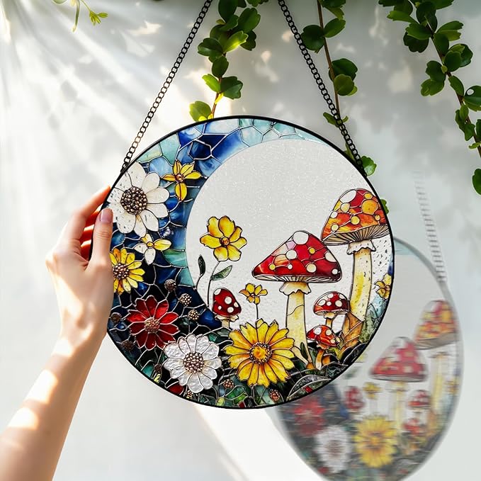 Stained Glass Window Hanging, 8 Inch Mushroom Suncatcher, Sun Catchers Indoor Window, Mushrooms Flowers Suncatchers for Windows Hanging, Spring Home Garden Decor Panel Gifts for Women Mom Grandma