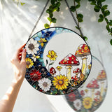 Stained Glass Window Hanging, 8 Inch Mushroom Suncatcher, Sun Catchers Indoor Window, Mushrooms Flowers Suncatchers for Windows Hanging, Spring Home Garden Decor Panel Gifts for Women Mom Grandma
