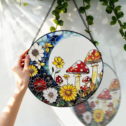 Stained Glass Window Hanging, 8 Inch Mushroom Suncatcher, Sun Catchers Indoor Window, Mushrooms Flowers Suncatchers for Windows Hanging, Spring Home Garden Decor Panel Gifts for Women Mom Grandma