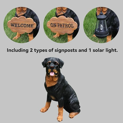 Rottweiler Front-Gate Sentinel with Solar Lantern & Double-Sided Sign, Sitting Black & Tan Statue for Drive, Portico, Lawn & Path