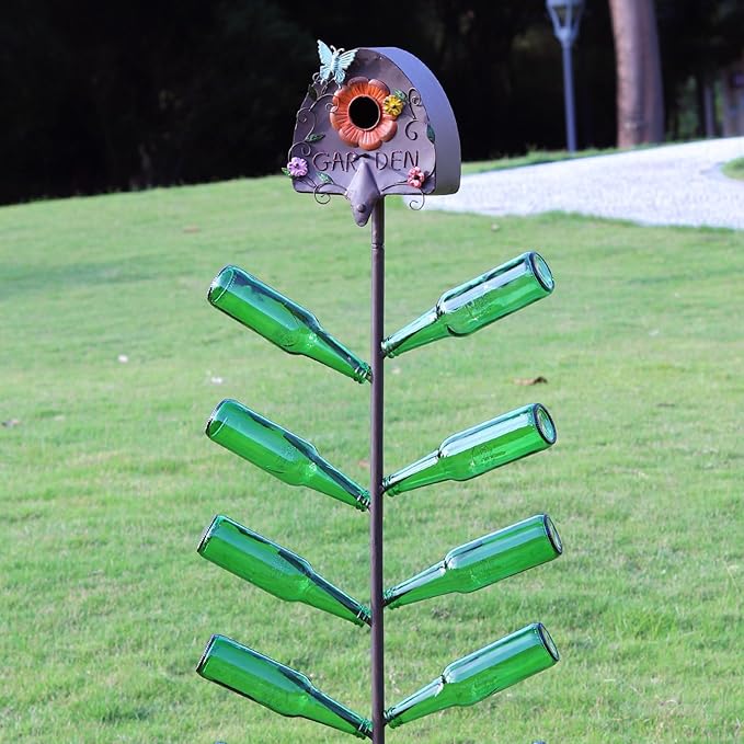 Metal Bird House and Wine Bottle Tree, 2 in 1, Bird Houses with Bottles Tree for Outside,As Garden Yard Decoration for Exterior Party Landscape Decoration