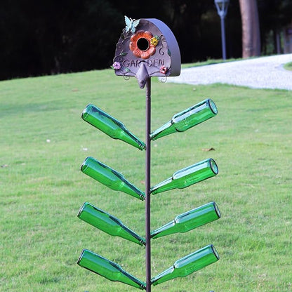 Metal Bird House and Wine Bottle Tree, 2 in 1, Bird Houses with Bottles Tree for Outside,As Garden Yard Decoration for Exterior Party Landscape Decoration