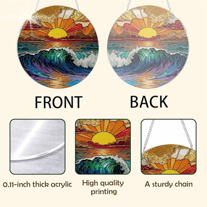 Ocean Waves Suncatcher for Windows Hanging, Coastal Sunset Sunshine Sun Catchers Indoor Window Door Decoration, Round Wall Hanging Decor, Beach House Decor, Home Decors, Housewarming Gift
