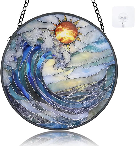 Stained Glass Window Hanging - 6.3 Inch Blue and White Waves Suncatcher, Sea Glass for Window Home Door Wall Garden Outdoor Decor and Christmas Birthday, Ocean Waves Sun Catcher Gifts for Women Men