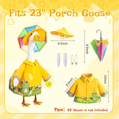 GJL Porch Goose Raincoat Outfit Fits 23 Inch Plastic Cement Goose Statue, Lawn Goose Clothes Set with Umbrella and Hat for Spring Summer Outdoor Yard Garden Decor