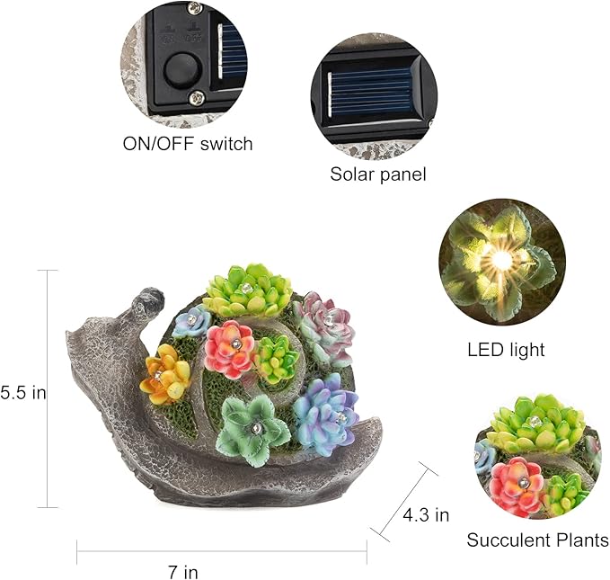 pearlstar Garden Statues, Snails Solar Statue Garden Decor Clearance, Cute Resin Snails Figurines with 7 LED Solar Lights Lawn Decorations for Patio Yard Gifts for Mom Grandma Housewarming