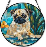 Stained Glass Window Hanging - Pug by The Pool with Yellow Flowers 11.8in Sun Catchers Indoor Stained Glass Panels Wall Decor for Mom, Wife, Lovers, Festive