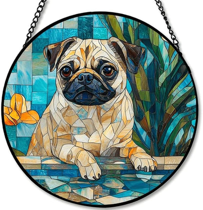 Stained Glass Window Hanging - Pug by The Pool with Yellow Flowers 7.8in Sun Catchers Indoor Stained Glass Panels Wall Decor for Mom, Wife, Lovers, Festive
