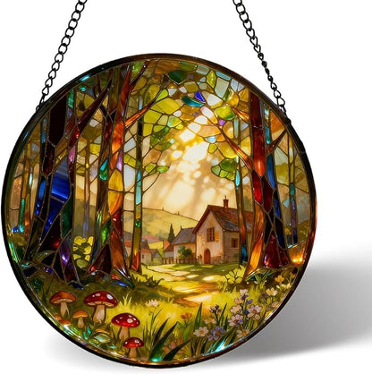 7.8 Inch Stained Glass Window Hanging, Forests and Trees Sun Catchers Glass Panel Green Suncatcher Decor for Birthday for Women, Men, Wife, Aunt, and Mom
