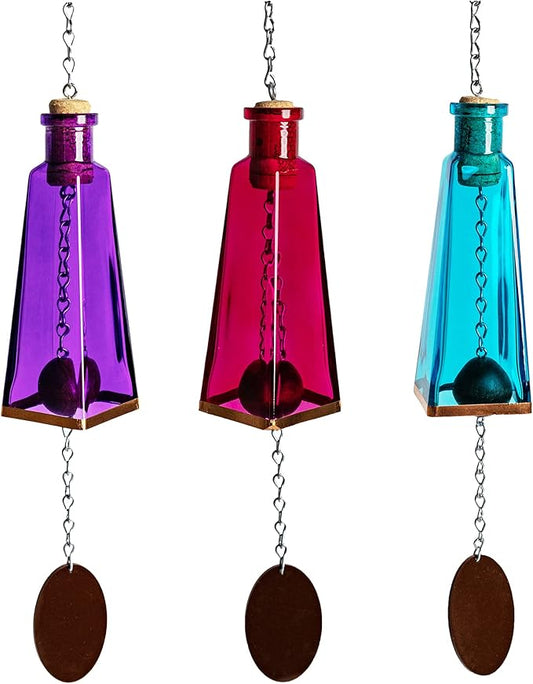 Blue Ridge Mountain Gifts Pyramid Bottle Wind Chime for Garden & Porch Decor w/Cooper Accent, Stained Wooden Ball, & Colorful Glass Bottles - Ideal for Wind Chime Lovers (Purple, Pink, Aqua Blue)