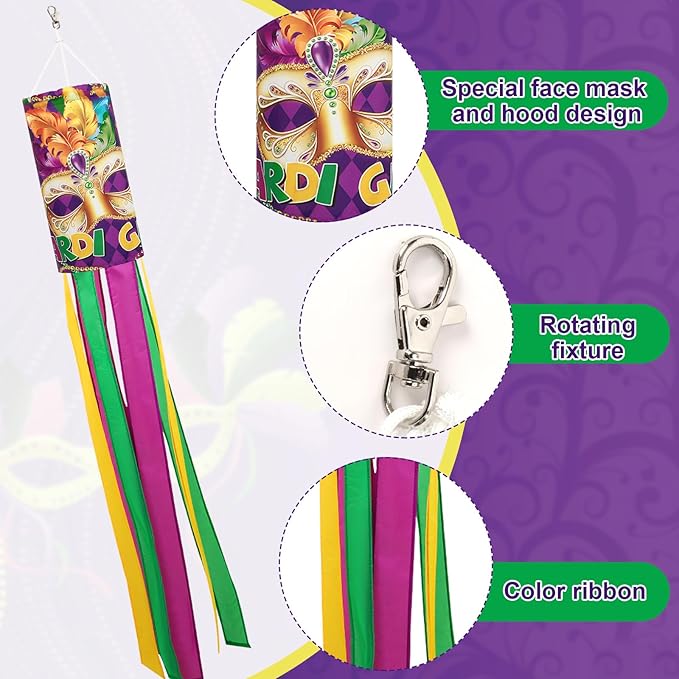 NOVWANG 2 Pieces Mardi Gras Wind Sock, 40 Inch Wind Socks Mardi Gras Outdoor Decorations Purple Green Yellow Holiday Windsock Flags for Yard Garden Home Party Hanging Decor