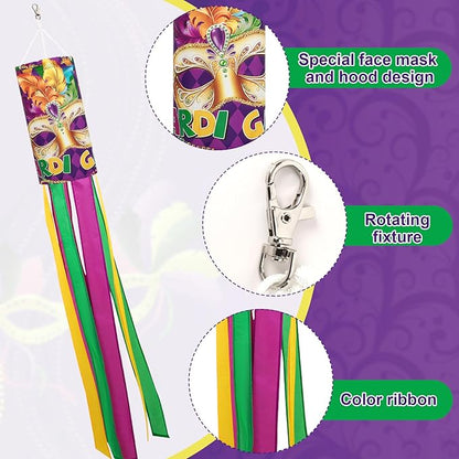 NOVWANG 2 Pieces Mardi Gras Wind Sock, 40 Inch Wind Socks Mardi Gras Outdoor Decorations Purple Green Yellow Holiday Windsock Flags for Yard Garden Home Party Hanging Decor