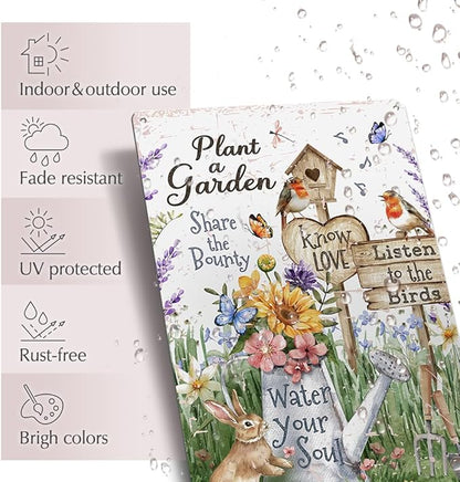 Garden Metal Decor Signs-Plant A Garden,Share the Bounty, Listen to the Birds, Water Your Soul Metal Sign for Gardeners Plant Lovers 12"x8"