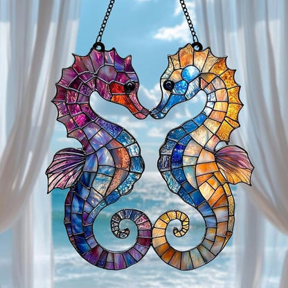 Seahorse Acrylic Suncatcher - Faux Stained Glass Indoor Window Hanging Ornament, Outdoor Sun Catcher Panel, Home Decor Gift for Sea Creature Lovers