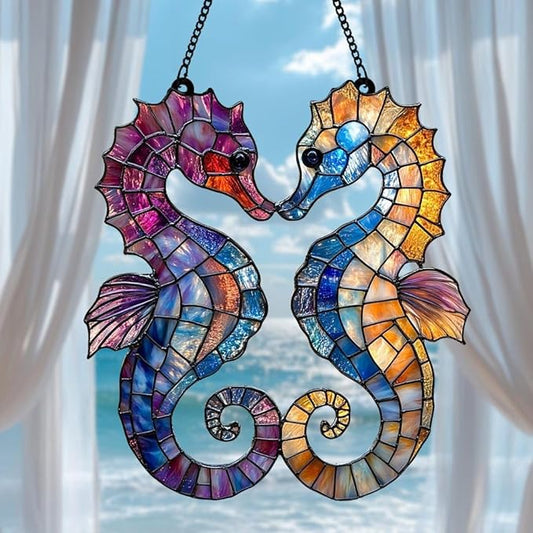 Seahorse Acrylic Suncatcher - Faux Stained Glass Indoor Window Hanging Ornament, Outdoor Sun Catcher Panel, Home Decor Gift for Sea Creature Lovers