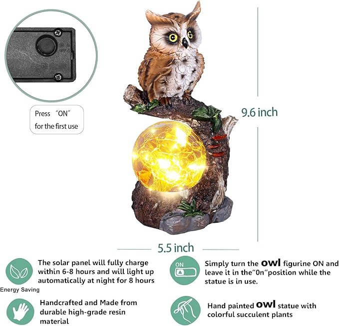 Solar Garden Outdoor Statues, Owl Garden Statue with Solar Glass Ball Light Lantern Outdoor Decor, for Lawn,Yard, Unique Housewarming Gift for Women Mother Mom