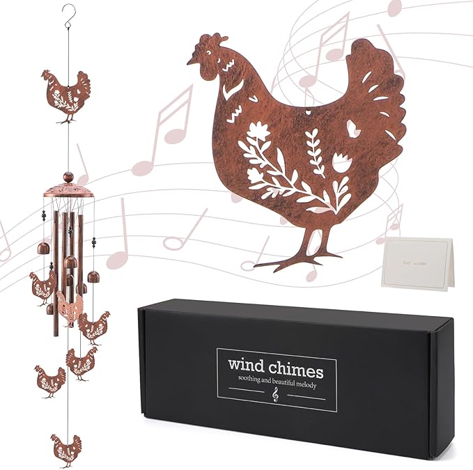 Chicken Wind Chimes for Outside - Metal Windchimes Outdoors Chicken Gifts Rooster Garden Decor with Greeting Card for Women Men Mom Grandma Birthday Home Patio Porch Backyard Yard Decoration