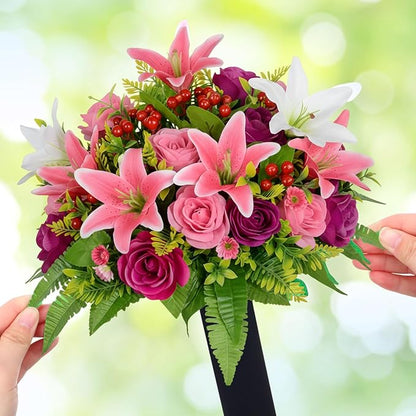 Frienda 2 Sets Cemetery Flowers Grave Stake Metal Floral Decor for Tombstone, Outdoor Gravesite Markers for Mom Dad, Memorial Day Spring Easter Grave Decor(Lily Rose,Pink,White)