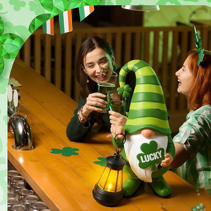 Retisee Solar St. Patrick's Day Garden Statue Resin Gnome Statue with Shamrock LED Lights Outdoor Lucky Solar Light Figurine Decoration for Yard Patio Lawn Gift for St. Patrick's Day Irish