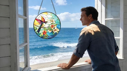 Stained Glass Window Hanging - Colorful Hummingbird Stand on Branches Covered in Flowers 6.3 Inches Suncatcher for Garden Home Decor for Women Mon Grandma Friends