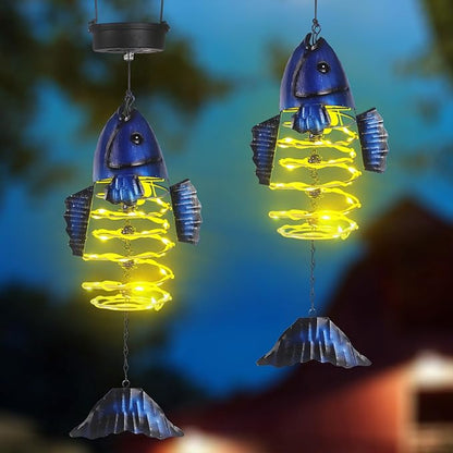 2 Pack Fish Solar Lights Outdoor Hanging Lantern with Handle, Solar Powered Fish Garden Decor for Outside Patio Yard Porch Pathway Fish Gifts for Women (Warm White LED Lights)