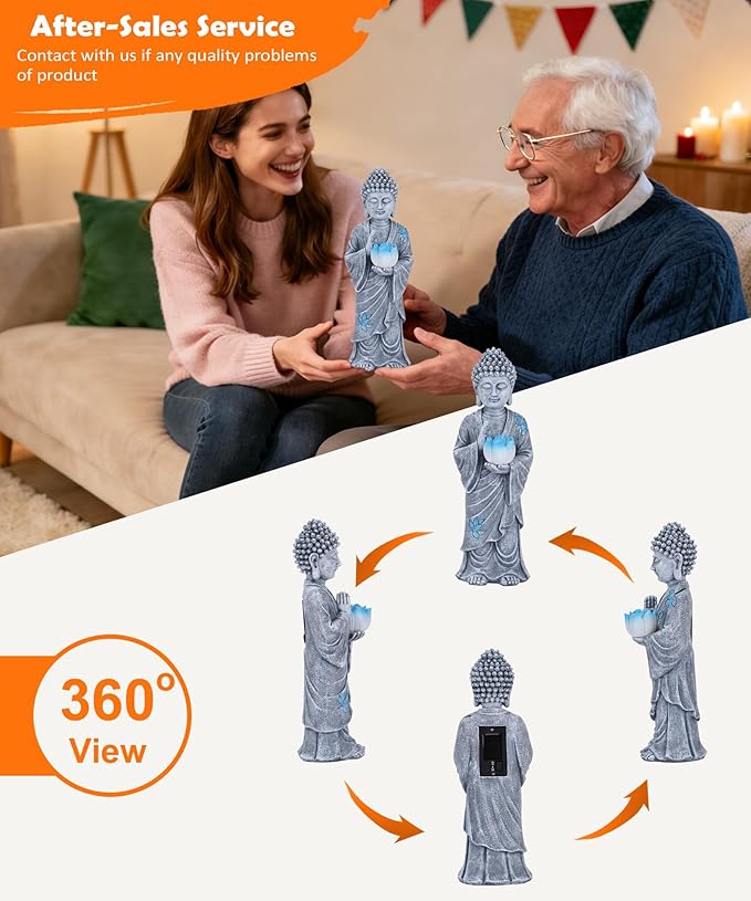 Nacome Solar Buddha Garden Statue Decor: Resin Zen Decor Waterproof Sitting Figurine with Lotus Flower Light Design for Outside Patio Lawn Yard Balcony - 11 inches(Gray)