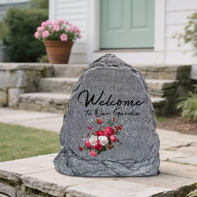 Garden Stone Sculpture with Roses and Butterflies, Solar Resin Outdoor Sculpture, Suitable As A Grave Decoration for Gardens, Lawns, Cemeteries, Memorial Gifts, Home Decoration