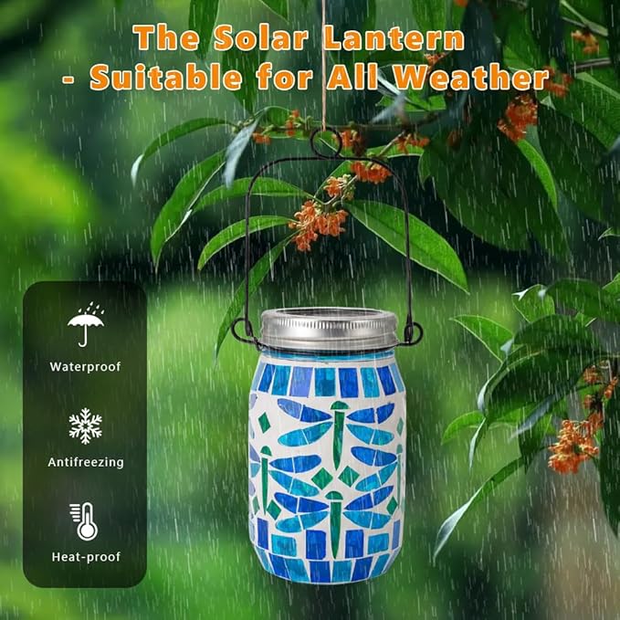 Starsoul 4 Pack Solar Hanging Lanterns Outdoor Waterproof, Mosaic Dragonfly Decor Glass Solar Outdoor Lights, Decorative Solar Lantern for Outside Pathway Patio Porch Yard Decor