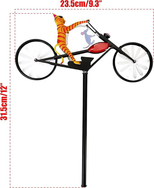 Vintage Cat Bicycle Wind Spinner, Funny Animal Riding Bike Metal Spinners Decoration Sculptures, Colorful Kinetic Pinwheels with Stakes for Yard Garden Lawn, Pet Pin Wheels Outdoor Decor