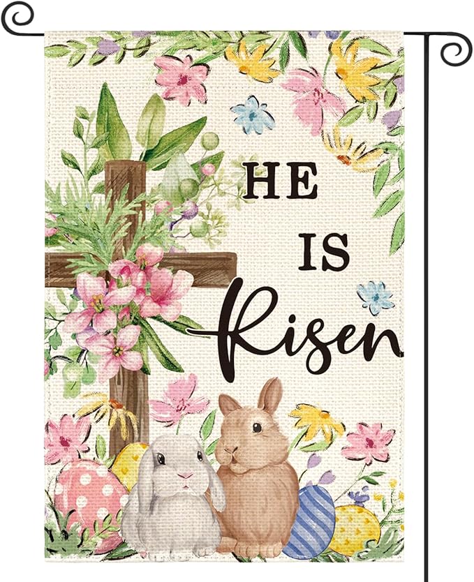 AVOIN colorlife He Is Risen Easter Garden Flag 12x18 Inch Double Sided Outside, Bunnies Flowers Cross Yard Outdoor Decoration