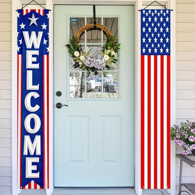 BlissYard 2Pcs Patriotic Decor Welcome Door Banner 4th of July Decorations American Banners Hanging Porch Signs for Independence Memorial Day Veterans Labor Day for Yard Indoor Outdoor Supplies