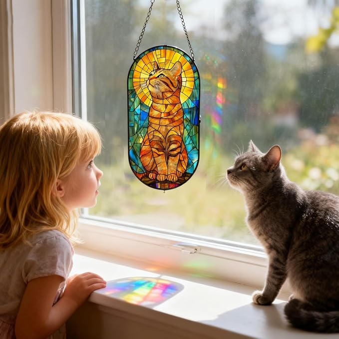 Stained Glass Window Hanging, Curious Orange Tabby Suncatcher for Window Door Wall Kitchen Office Garden Porch Decoration, Gifts for Women, Men, Mom, Father, Mother's Day Birthday