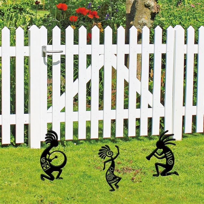 SUPERDANT 3PCS Kokopelli Metal Garden Yard Art Decor Black Silhouette Outdoor Iron Art Decoration Garden Stakes Statues Ornament Crafts for Backyard Parks Lawns Outdoor Spaces