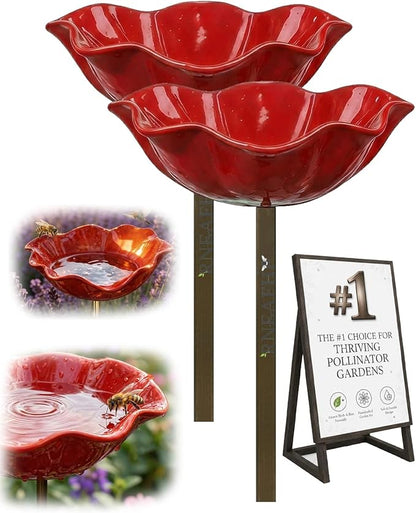Handmade Metal Flower Garden Stakes Bird Bath Bee Watering Station for Garden Outside Pollinators Birdbaths Bowl for Decorative Outdoors Yard Art Hummingbird Fountain Butterfly Water Feeder Gift(2pcs)